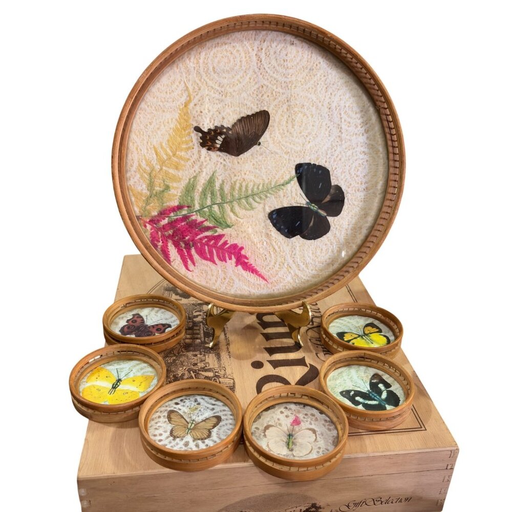 MCM‎ Bamboo Rattan Serving Tray Pressed Butterflies 6 Matching Coasters Retro